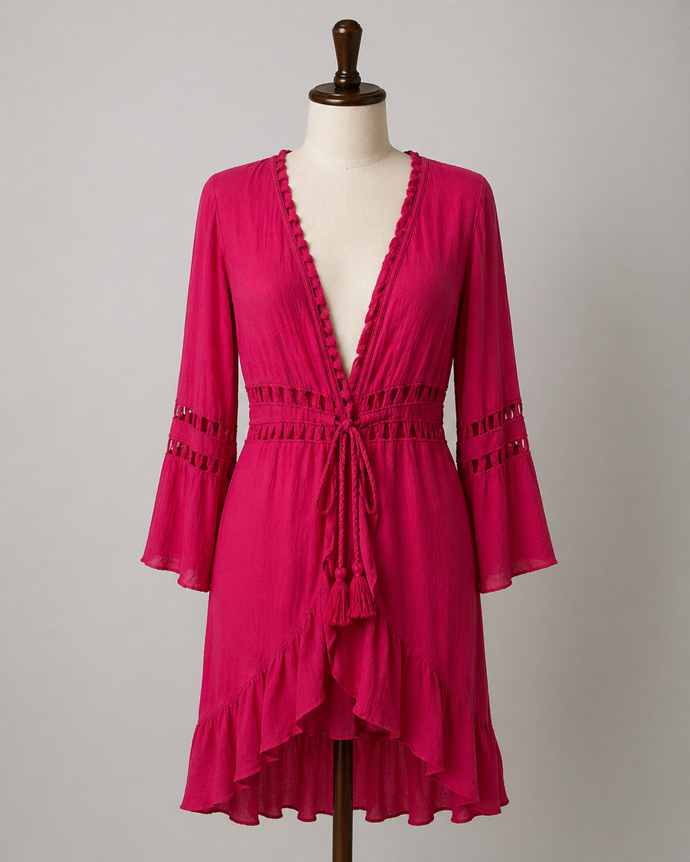 Shein Pink Boho Mini Dress Crochet Trim Tassel Tie Waist One Size